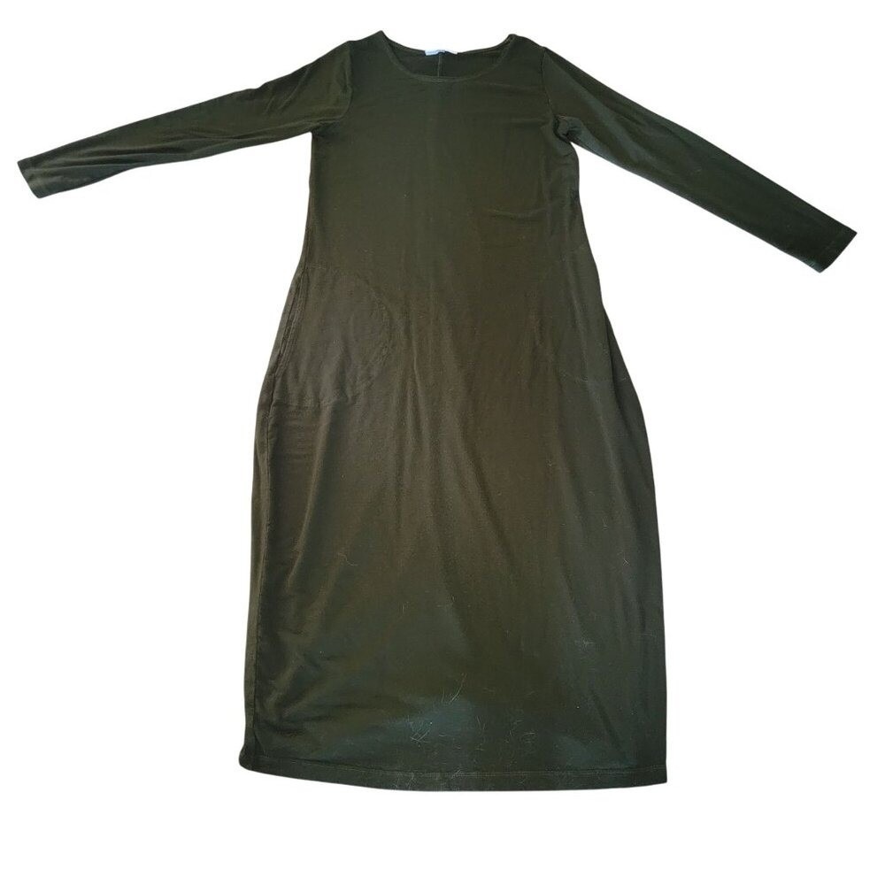 BRYNN WALKER Forrest Green Long Sleeve Maxi Dress Womens M Pockets quiet luxury